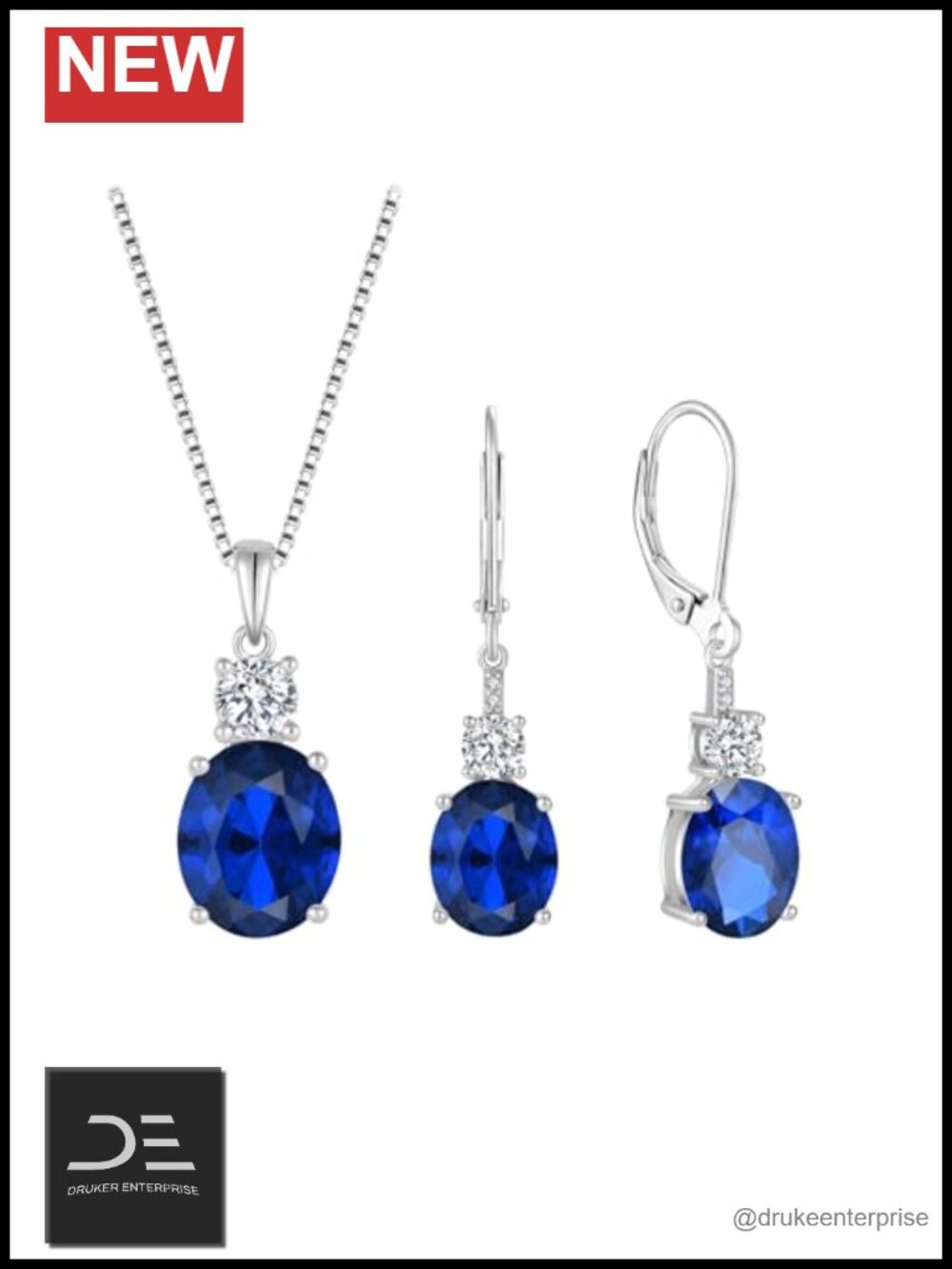 925 Sterling Silver Sapphire Jewelry Set Oval Cut Necklace Leverback Earrings
